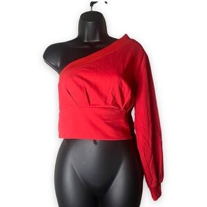 Strut & Bolt red one sleeve snatched waist crop top